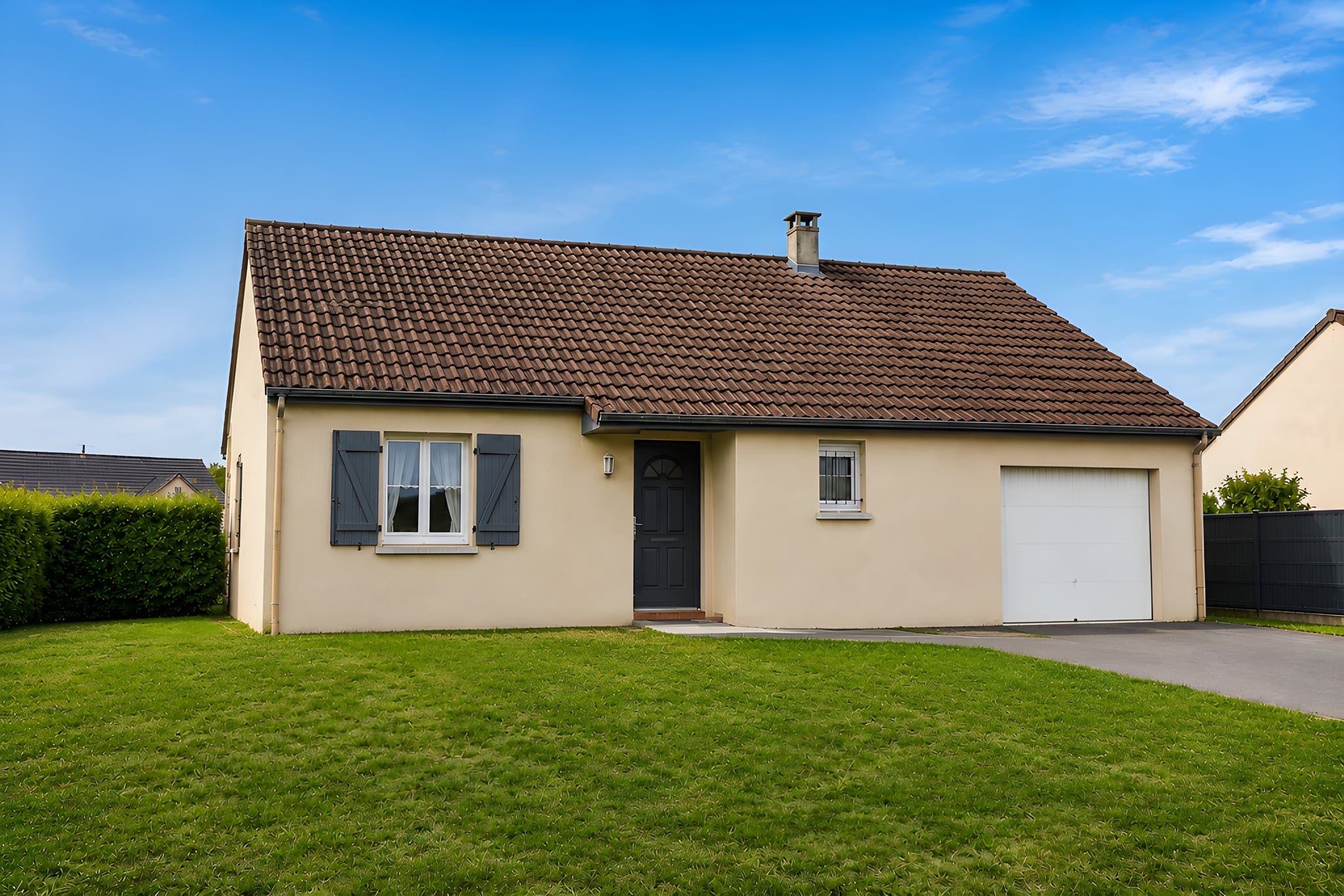The same house exterior after Sublim.it AI enhancement, with a clear blue sky