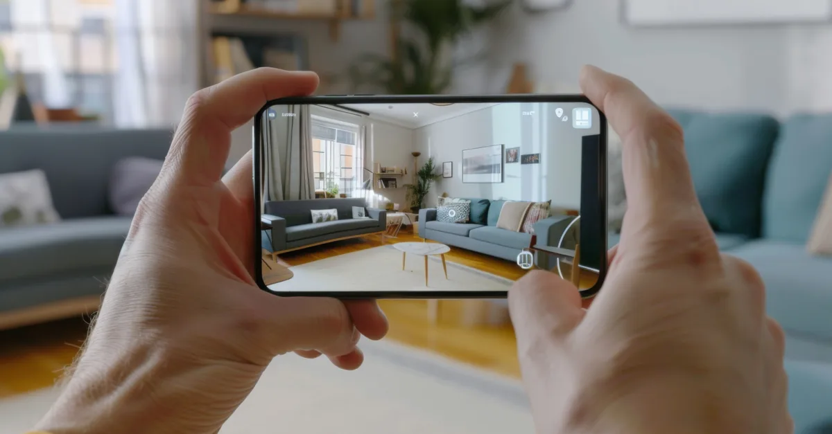Photographing a bright living room on a phone for a property listing